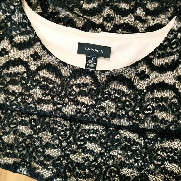 R&M Richards Black Stretch Lace Illusion Dress Sequins Sheer 3/4 Sleeves Size 14 - Picture 2 of 11
